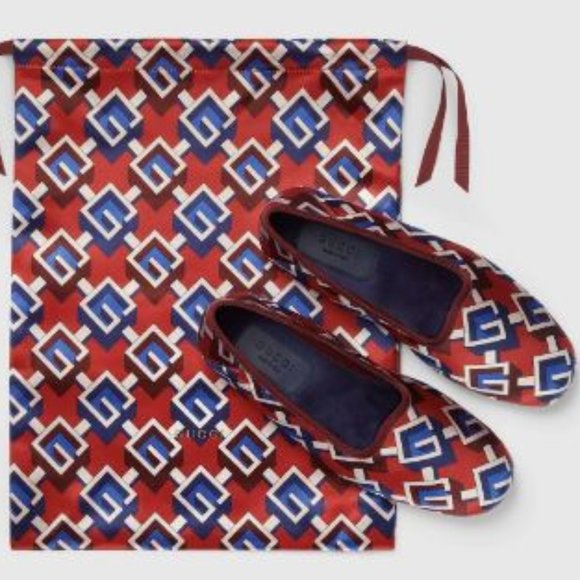 GUCCI Voyage Travel Satin Slippers in Red/Navy Blue Size US8/EURO38 w/ Dust Bag - Picture 7 of 11